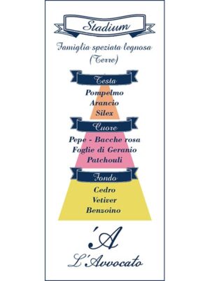 Piramide Olfattiva "Stadium". Famiglia speziata legnosa. Testa: Pompelmo, Arancio, Silex. Cuore: Pepe, Bacche rosa, Foglie di Geranio, Patchouly. Coda: Cedro, Vetiver, Benzoino.