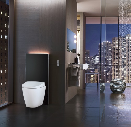 Vaso in ceramica Acquaclean sela, disegnato da Matteo Thun e Antonio Rodriguez, con sofisticate funzioni di igiene intima (2.500 euro), modulo per wc monolith plus con luce d'ambiente con sensore di movimento, comando di risciacquo soft-touch (2.110 euro) GEBERIT (www.geberit.it)
