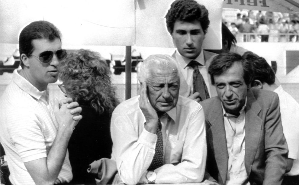Pietro Lardi Ferrari , Gianni Agnelli with Vittorio Ghidella , to Fiat attend the tests Formula 1 , September 7, 1985 in Monza .