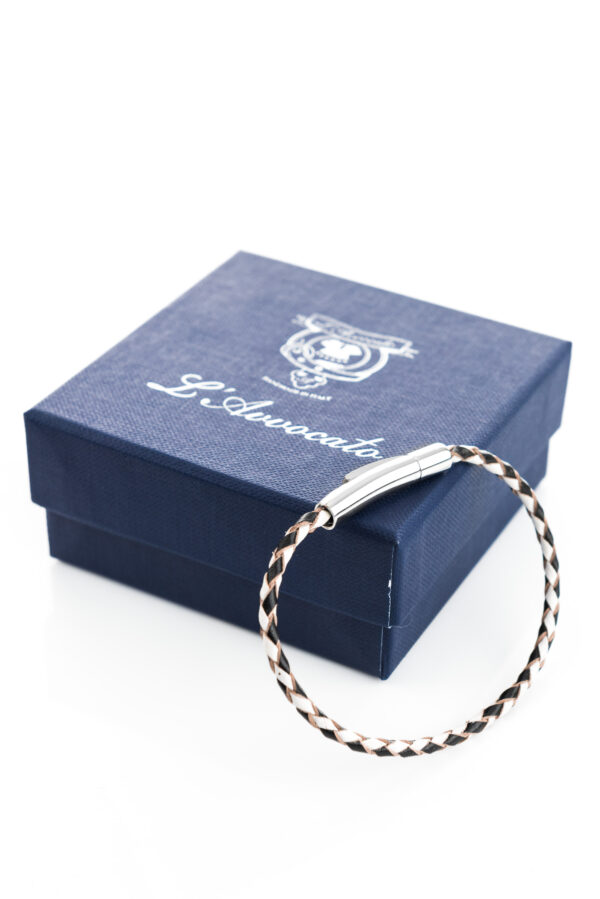 Bracciale in pelle intrecciata Skin Bianco e Nero L'Avvocato e confezione