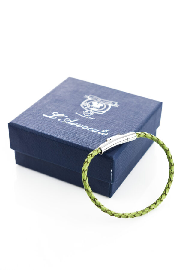 Bracciale in pelle intrecciata Skin Verde L'Avvocato e confezione